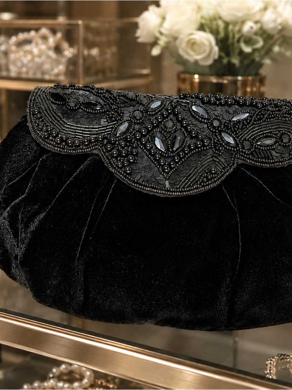Vintage Black Velvet Beaded Sequin Evening Bag Clutch Crossbody Purse